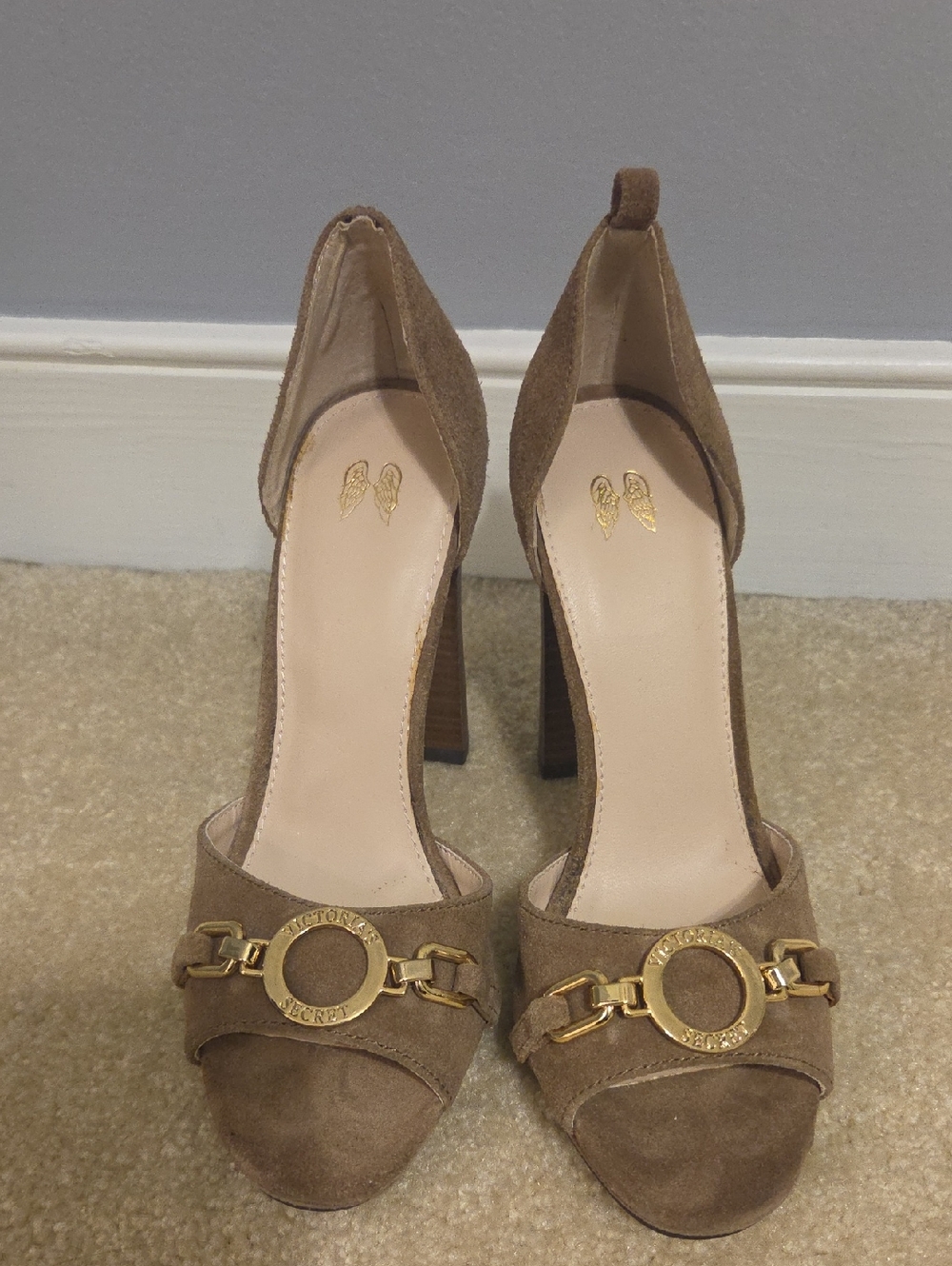Victoria's Secret Taupe Suede High Heel Sandals with Gold Accent